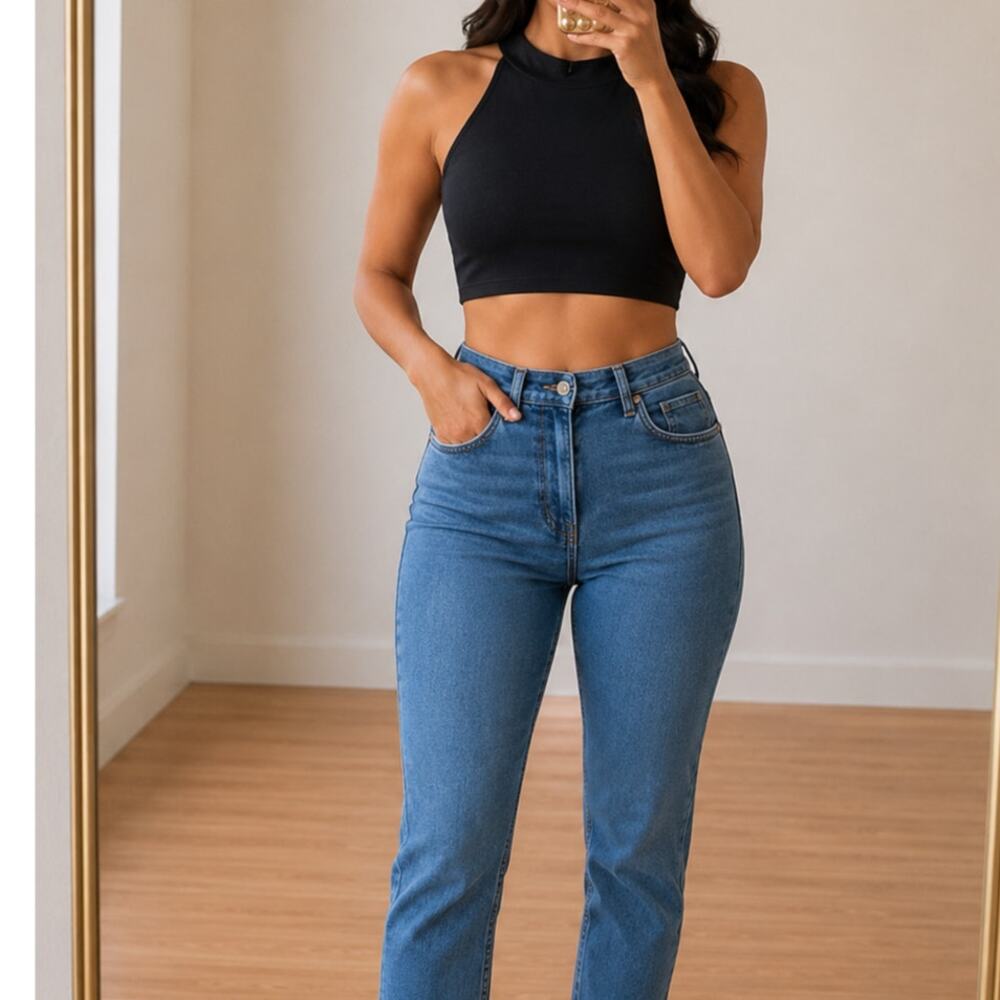 Ambiance Apparel🌿Black Halter Crop Top Women Large Mock Neck Open Back Clubwear